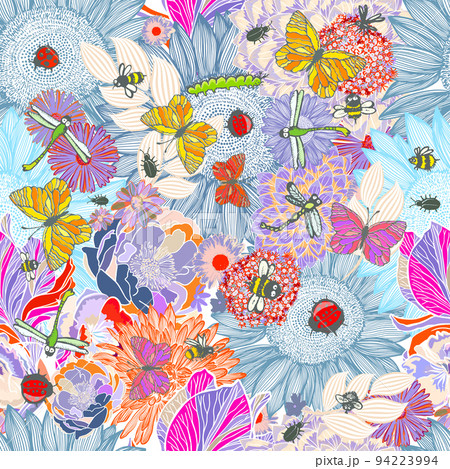 Seamless floral background with insects. Vector illustration. Modern floral background. Trendy Folk style. Seamless floral background with insects. Vector illustration. Modern floral background. Trendy Folk style. 94223994