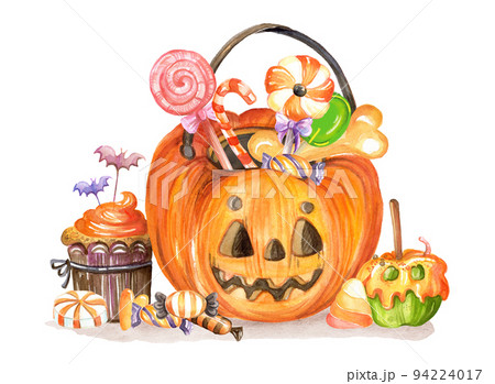 Watercolor illustration Halloween pumpkin bag and sweets 94224017