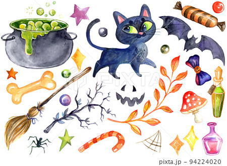 Watercolor illustration set of different spooky Halloween elements Watercolor illustration set of different spooky Halloween elements 94224020