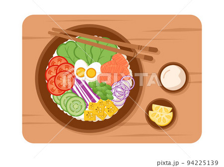 Hawaiian Dish Poke Bowl Food Template Hand Drawn Cartoon Flat Illustration with Rice, Tuna, Fresh Fish, Egg and Vegetables Design Hawaiian Dish Poke Bowl Food Template Hand Drawn Cartoon Flat Illustration with Rice, Tuna, Fresh Fish, Egg and Vegetables Design 94225139