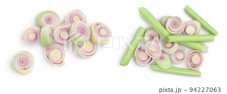 Fresh Lemongrass slices isolated on white background . Top view. Flat lay Fresh Lemongrass slices isolated on white background . Top view. Flat lay 94227063