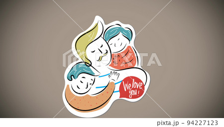 Image of illustration of we love you text, over smiling son and daughter hugging father, on grey Image of illustration of we love you text, over smiling son and daughter hugging father, on grey 94227123
