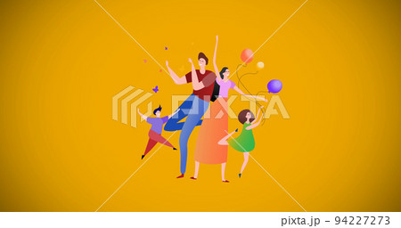 Image of illustration of happy family dancing with balloons on yellow background 94227273