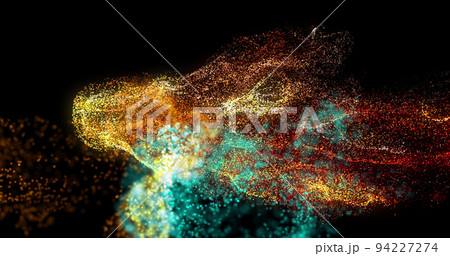 Image of orange, blue and red particles moving on black background 94227274