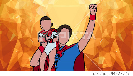 Image of illustration of father playing with son, wearing homemade superhero costumes, on orange 94227277