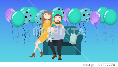 Image of illustration of happy parents holding baby, with colourful balloons on blue background 94227278