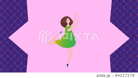 Image of illustration of happy woman dancing for joy, over pink shape, on purple background 94227279