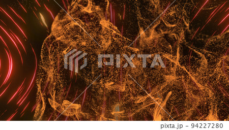 Image of orange and yellow particles moving with red and pink light streaks on black background 94227280