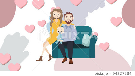Image of illustration of happy parents sitting holding baby, with pink hearts on grey and white Image of illustration of happy parents sitting holding baby, with pink hearts on grey and white 94227284