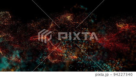Image of orange, blue and red particles moving on black background Image of orange, blue and red particles moving on black background 94227340