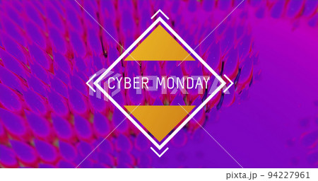 Image of cyber monday text in yellow diamond frame over rotating vibrant pink to green light tra 94227961