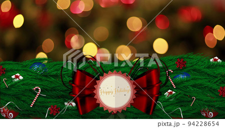 Image of seasons greetings over fairy lights, christmas wreath and decorations 94228654