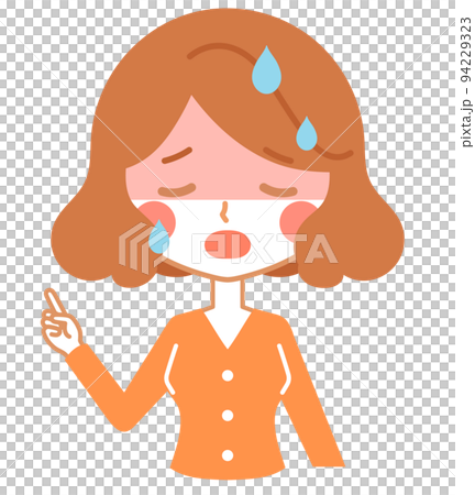 Upper body of a pointing female character-red and sweating 94229323
