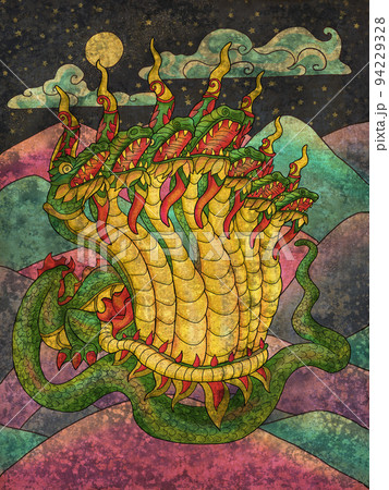 Colorful fantasy textured illustration with Thailand demon and mythology creature against landscape with mountains 94229328