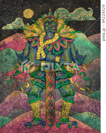 Colorful fantasy textured illustration with Thailand demon and mythology creature against landscape with mountains Colorful fantasy textured illustration with Thailand demon and mythology creature against landscape with mountains 94229329