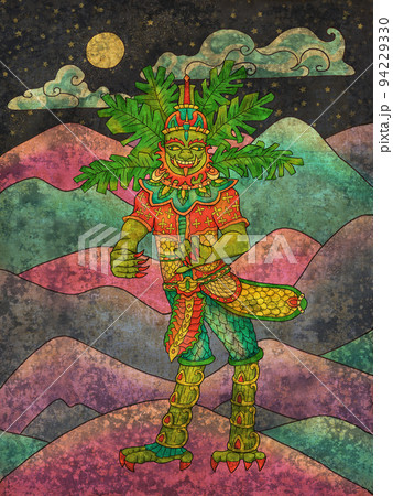 Colorful fantasy textured illustration with Thailand demon and mythology creature against landscape with mountains 94229330