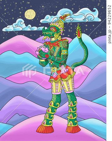 Colorful fantasy illustration with Thailand demon against beautiful mountain landscape at moon night 94229652