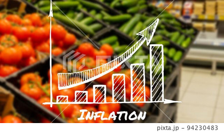 Wooden information label sign with text INFLATION with graph against defocused store shelves message. Global hunger, inflation, high prices, increasing living expenses and poverty, financial crisis 94230483