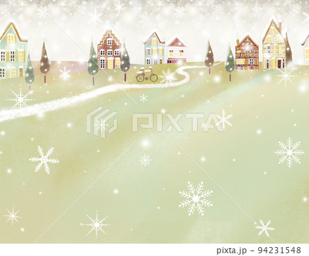 優しい色使いの北欧風オシャレな冬の街並みとキラキラ雪の結晶の降るフレームイラスト壁紙素材のイラスト素材