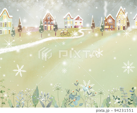 優しい色使いの北欧風オシャレな冬の街並みとキラキラ雪の結晶の降る銀世界フレームイラスト壁紙素材のイラスト素材