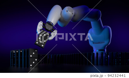 Robotics arm placing dominoes on grey background.  94232441