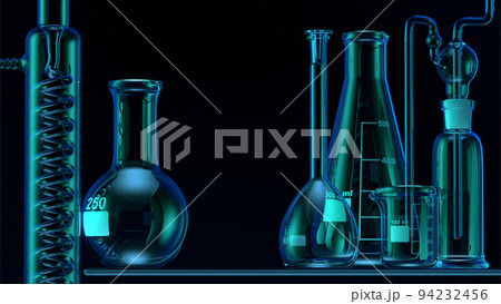 Glass chemistry lab equipment on blue background. Chemistry Lab concept. 3d  94232456