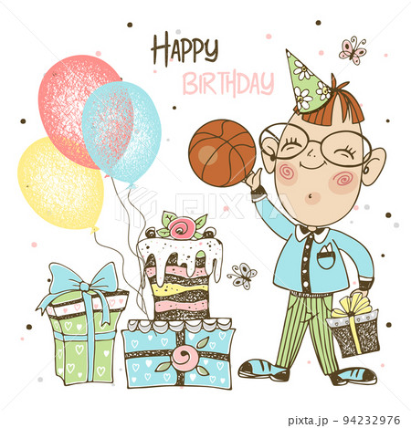 A birthday card for the boy. A boy in a festive cap with balls, a ball and a cake celebrates his birthday. Vector. 94232976