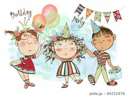 A birthday card. Birthday party. Funny children with balloons and gifts celebrate their birthday. Vector. A birthday card. Birthday party. Funny children with balloons and gifts celebrate their birthday. Vector. 94232978