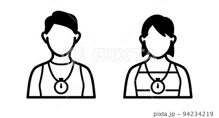 スポーツインストラクターとスポーツトレーナーの男女の白黒線画のベクターアイコンイラスト素材のイラスト素材
