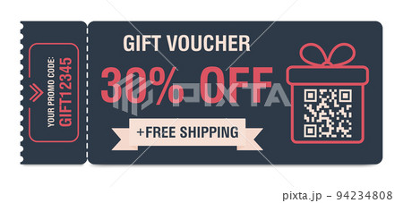 Discount coupon 30 percent off. Gift voucher with percentage marks, qr code and promo codes for website, internet ads, social media. Vector illustration Discount coupon 30 percent off. Gift voucher with percentage marks, qr code and promo codes for website, internet ads, social media. Vector illustration 94234808