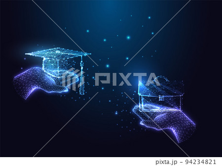 Education as a way to get a good job concept with glowing hands holding graduation cap and briefcase Education as a way to get a good job concept with glowing hands holding graduation cap and briefcase 94234821