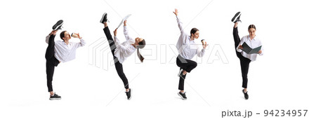 Collage. Young business woman in official clothes working, standing in different twine position isolated over white background Collage. Young business woman in official clothes working, standing in different twine position isolated over white background 94234957
