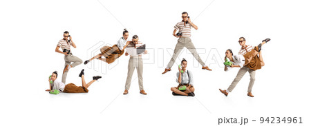 Collage. Business people, man and woman in retro clothes working isolated over white background. Deadlines Collage. Business people, man and woman in retro clothes working isolated over white background. Deadlines 94234961