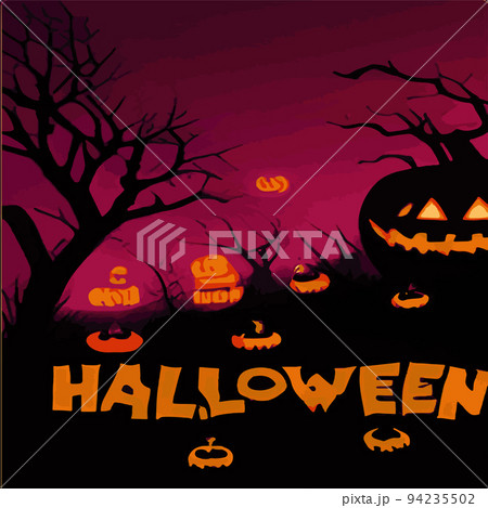 Halloween pumpkin with a scary face, evil pumpkins in a gloomy dark style for halloween on the background of a cemetery and a forest. Autumn holidays. Vector illustration EPS10, pumpkin background 94235502