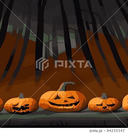 autumn vintage evil pumpkins in gloomy dark styles for halloween on the background of a cemetery and forest. Autumn holidays. EPS10 vector illustration, 94235547