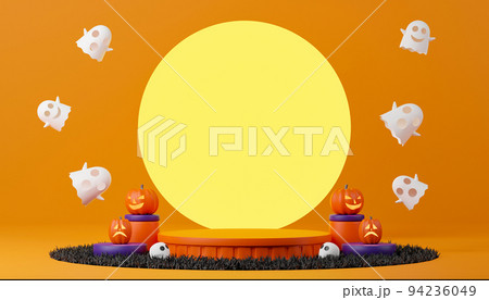 3d rendering Halloween day podium illustration. Empty stand for product display with Jack O Lantern, skull, ghost and moon. 3d rendering Halloween day podium illustration. Empty stand for product display with Jack O Lantern, skull, ghost and moon. 94236049