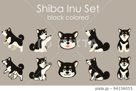 シンプルで可愛い黒い柴犬のイラストセット　主線あり・なし 94236055