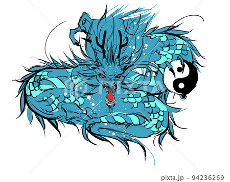 手描きイラスト＊オリジナル【青龍】 陰陽玉を手に吠える青龍のイラスト素材 [94236269] - PIXTA