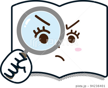 虫眼鏡　本　ノート　辞書　教科書　調べもの　検索　調査　怒る　怒り　女性　表情　手描き 94236401