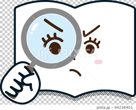 虫眼鏡　本　ノート　辞書　教科書　調べもの　検索　調査　怒る　怒り　女性　表情　手描き 94236401