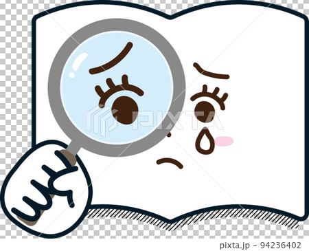 Magnifying glass book notebook dictionary textbook search sad cry search research female facial expression hand drawn 94236402