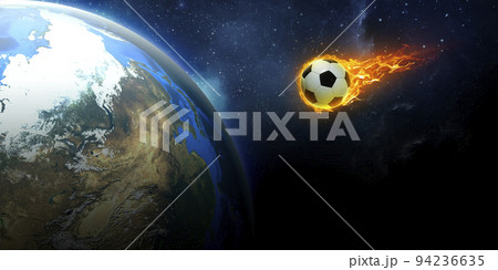 Fiery soccer ball that bursts with velocity collides with planet Earth 94236635