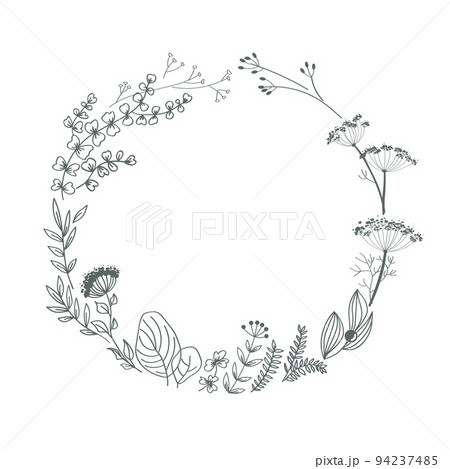 Wreath frame with doodle hand drawn leaves and branches. Autumn round border for invitation, greeting card, quote, wedding. Vector outline illustration isolated on white background. 94237485