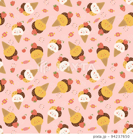 Pink kawaii ise cream pattern. Summer seamless pattern with hand drawn ice cream. Cartoon sweet pink texture for fabric, textile, wallpaper. Kids funny vector illustration. Cute ice cream eyes smile. 94237650