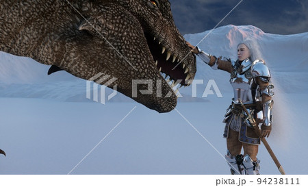 White haired female warrior knight petting the dragon against the backdrop of snow capped mountains. Fantasy artwork scene. CGI animation 3d rendering White haired female warrior knight petting the dragon against the backdrop of snow capped mountains. Fantasy artwork scene. CGI animation 3d rendering 94238111