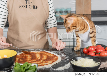 The woman owner and her cat lay out the pizza toppings. 94238688