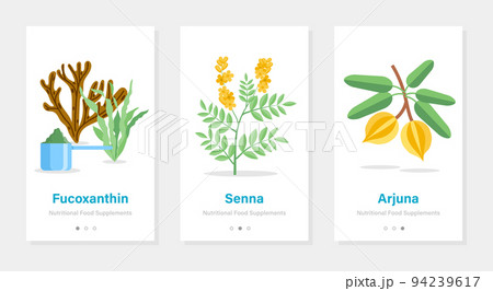 Vector design of onboarding screens with nutrition food supplements. Modern and simplified illustrations with plants. Template for mobile app 94239617