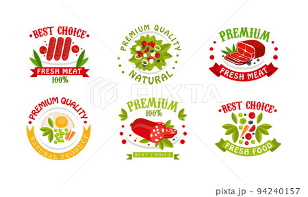 Premium Quality Food Badge with Fresh and Natural Product Ribbon Inscription Vector Set Premium Quality Food Badge with Fresh and Natural Product Ribbon Inscription Vector Set 94240157