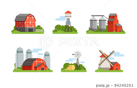 Red Timbered Farm Building and Infrastructure Rested on Green Lawn Vector Set Red Timbered Farm Building and Infrastructure Rested on Green Lawn Vector Set 94240201