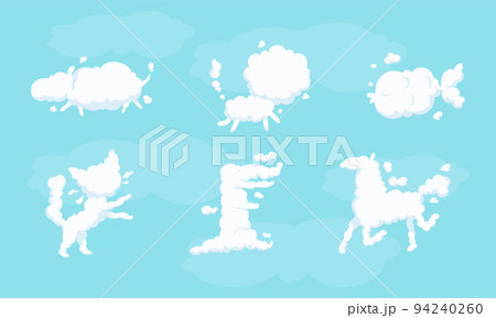 White Shaped Animal Fluffy Clouds Floating and Scudding Across Blue Sky Vector Set White Shaped Animal Fluffy Clouds Floating and Scudding Across Blue Sky Vector Set 94240260